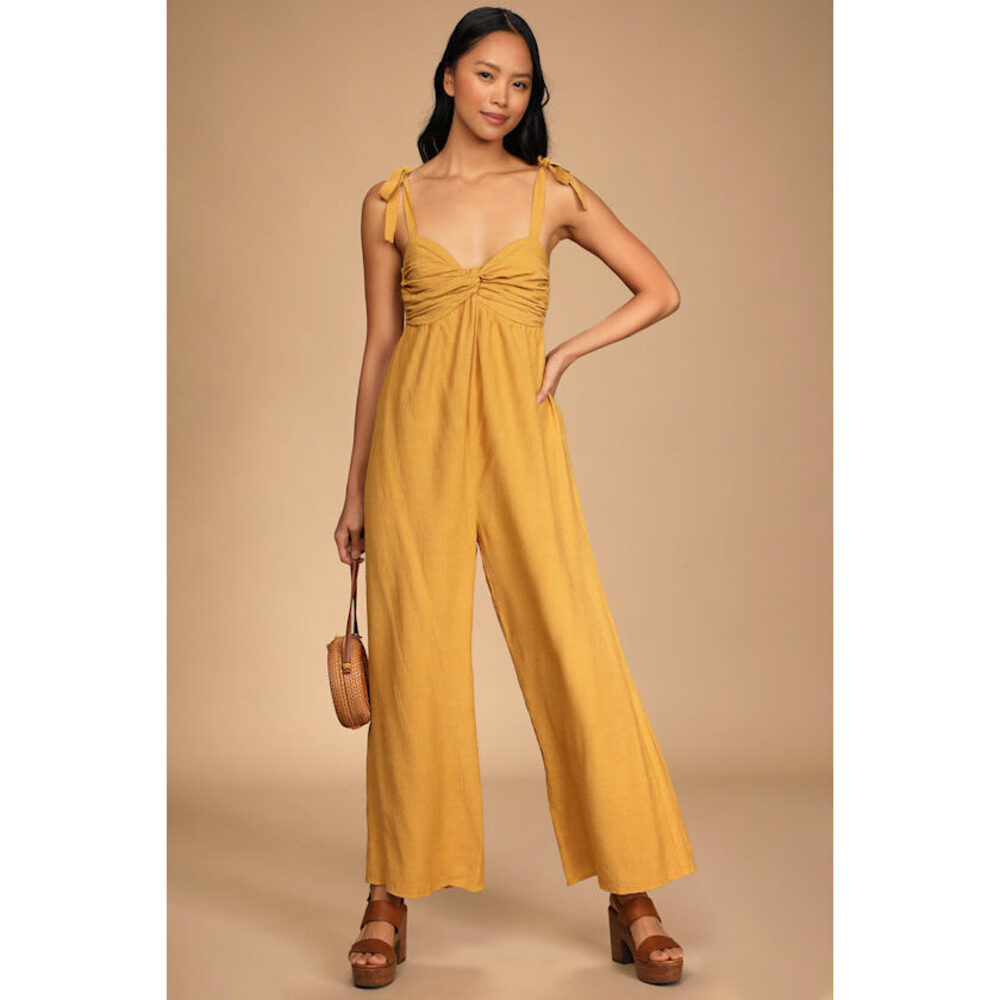 Lulus Out In The Sunshine Yellow Tie-strap Twist-front Jumpsuit - Size L